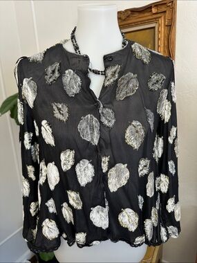 Handmade Vintage Black Metallic Leaf-Print Blouse jacket